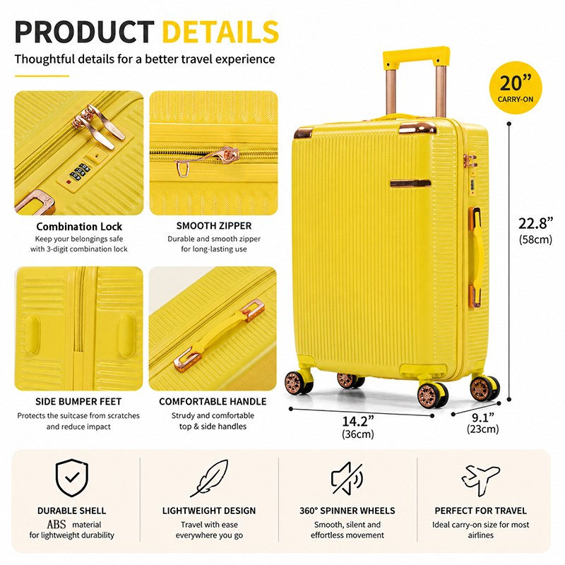 Yellow Stylish 4-Piece Suitcase With Lock