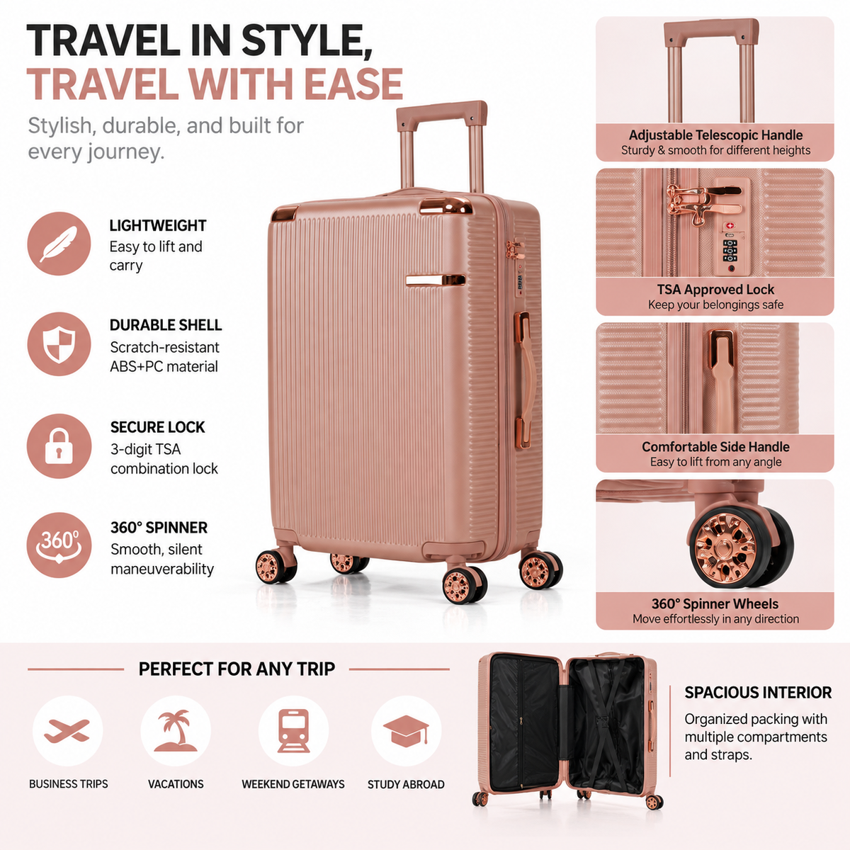 Rosey Stylish 4-Piece Suitcase With Lock