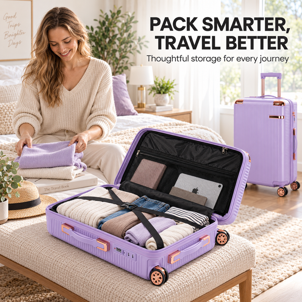 Purple Stylish 4-Piece Suitcase With Lock