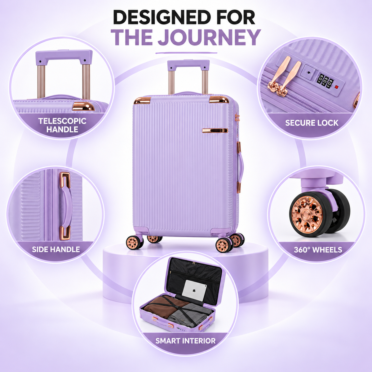 Purple Stylish 4-Piece Suitcase With Lock
