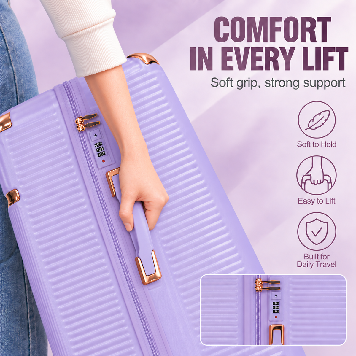 Purple Stylish 4-Piece Suitcase With Lock