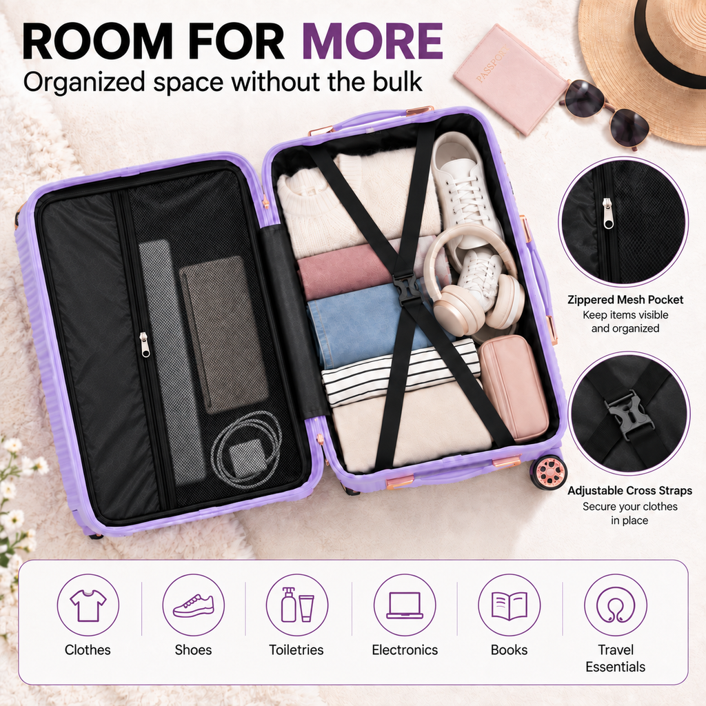 Purple Stylish 4-Piece Suitcase With Lock