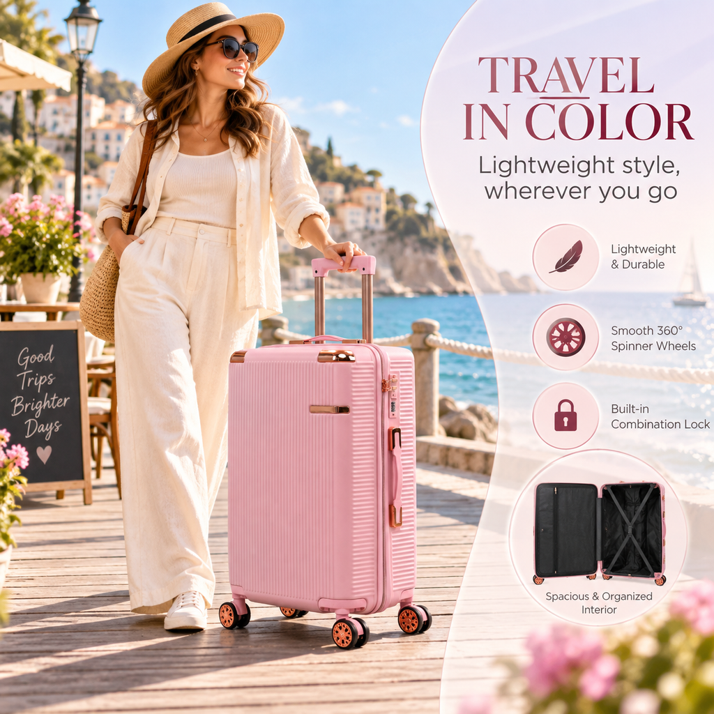 Pink Stylish 4-Piece Suitcase With Lock