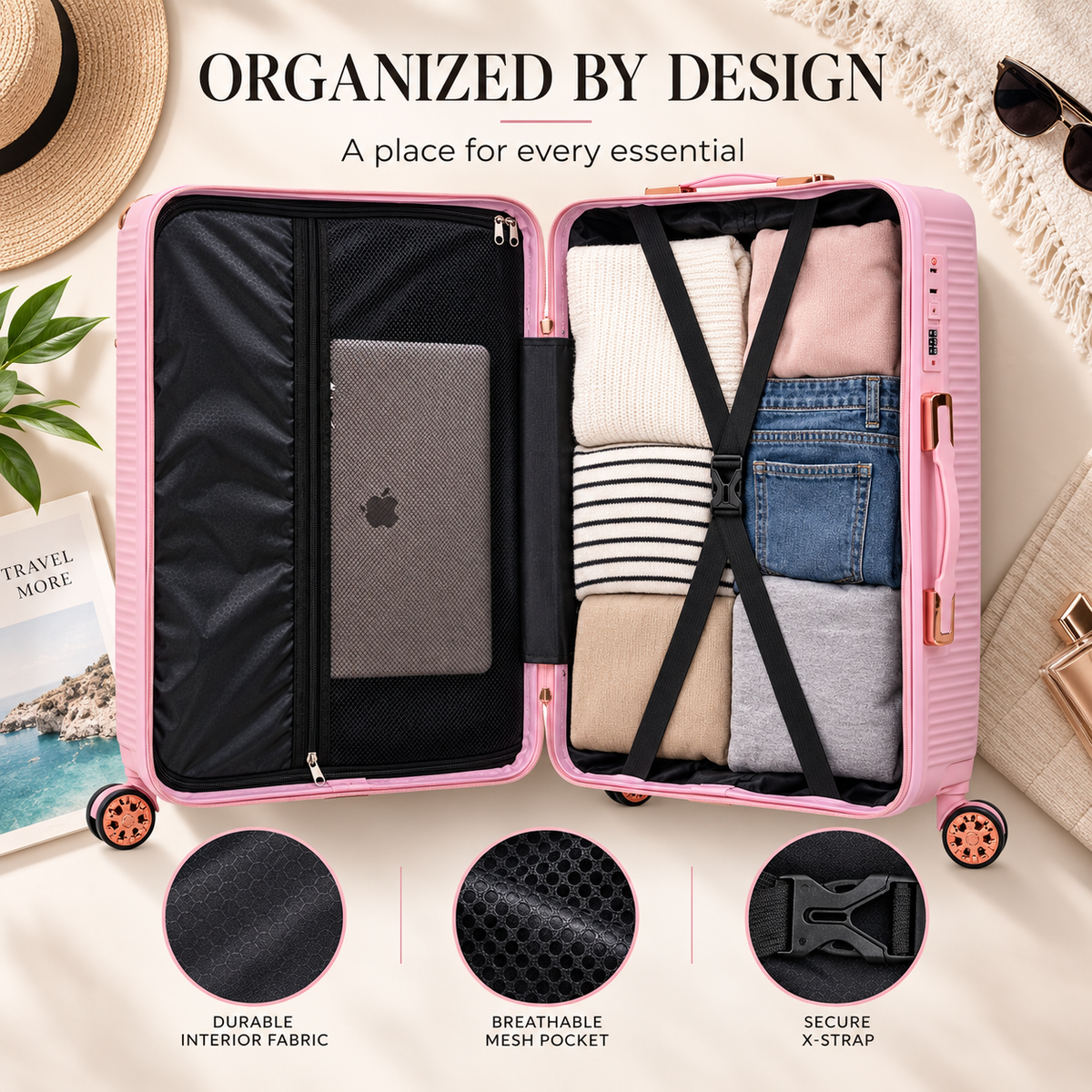 Pink Stylish 4-Piece Suitcase With Lock