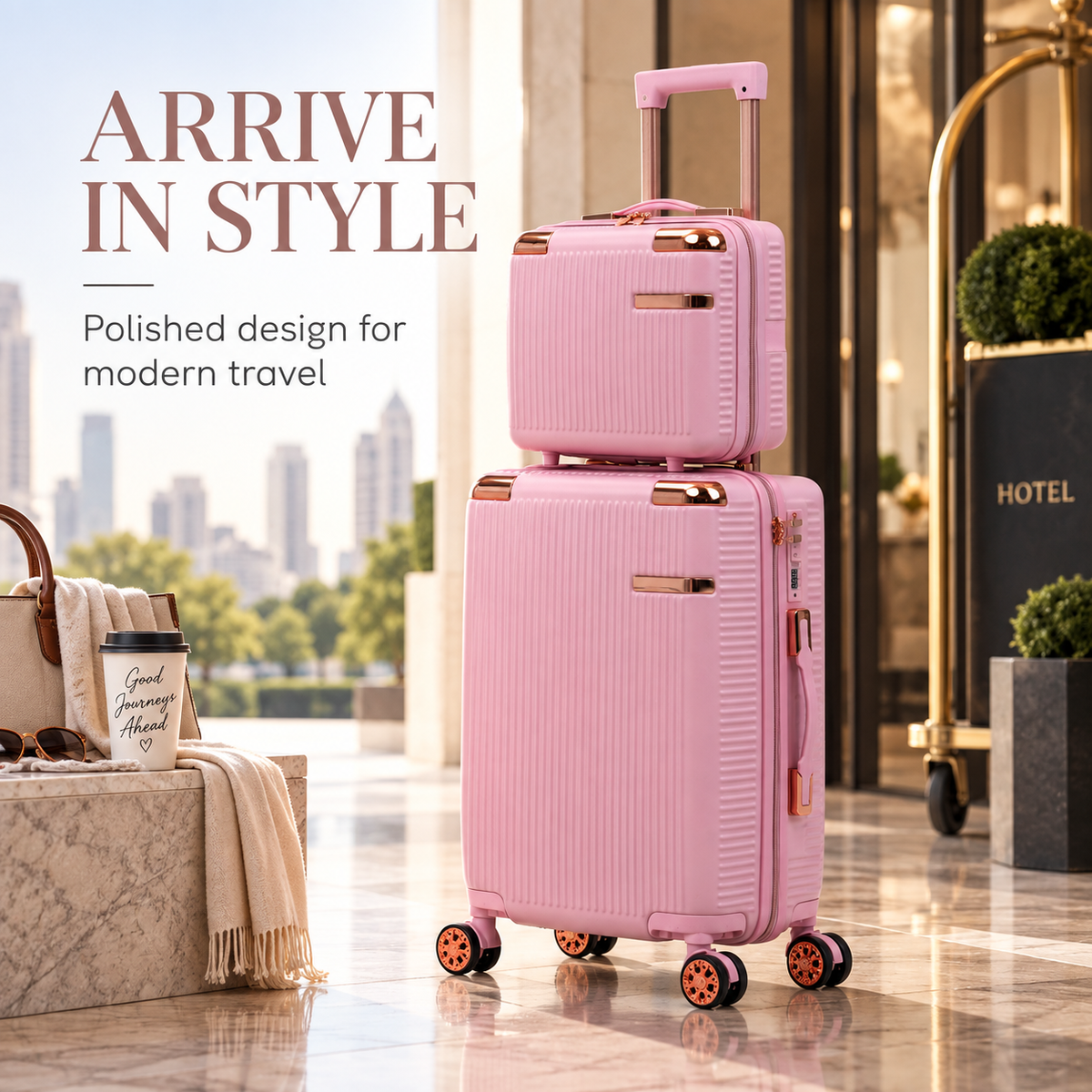 Pink Stylish 4-Piece Suitcase With Lock