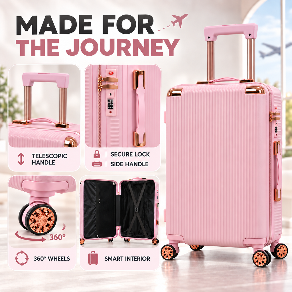 Pink Stylish 4-Piece Suitcase With Lock