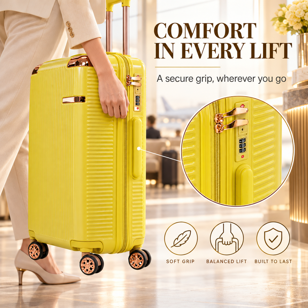 Yellow Stylish 4-Piece Suitcase With Lock