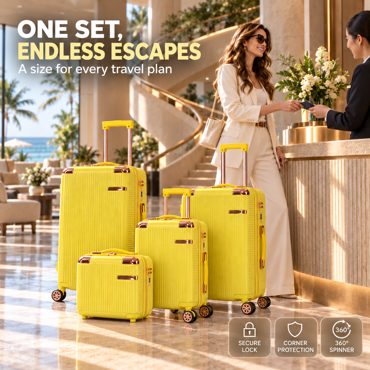 Yellow Stylish 4-Piece Suitcase With Lock